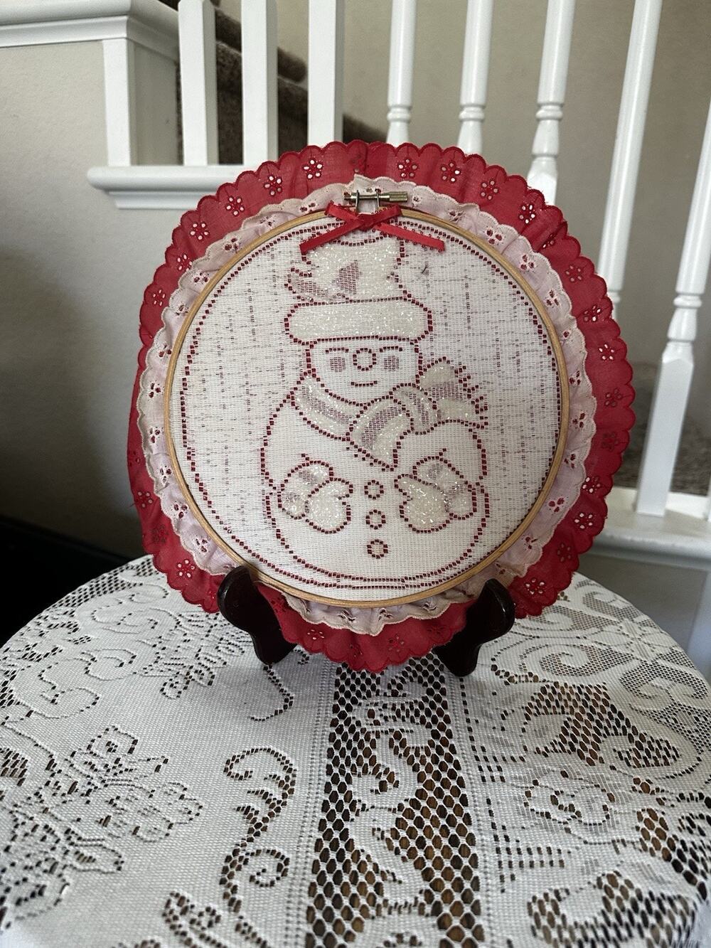 Vintage Handcrafted Christmas Lace Snowman Embroidery Hoop Wall Hanging 9"